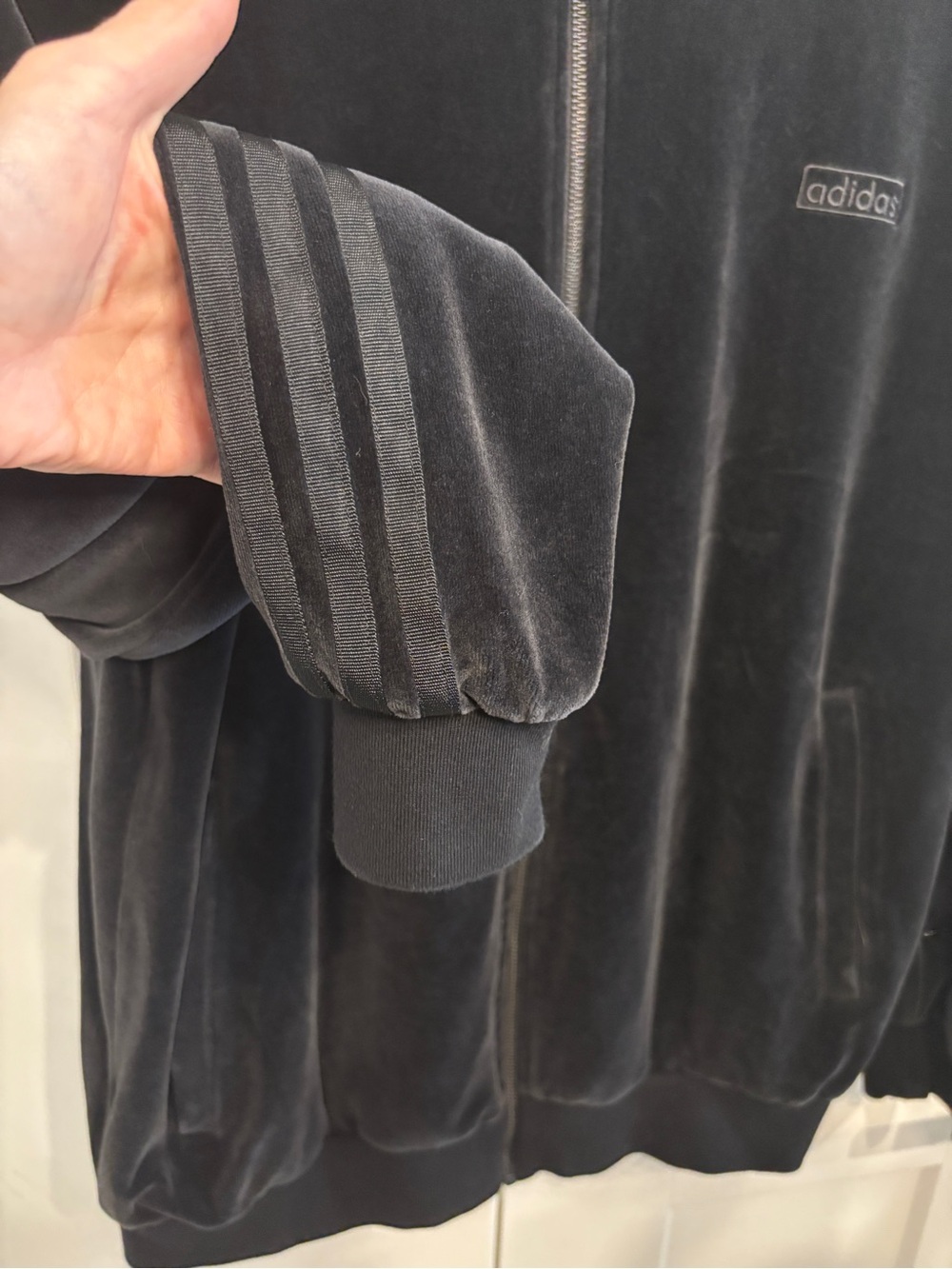 adidas Black Velour Full-Zip Track Jacket with Three Stripes. Size XL - Picture 5 of 9